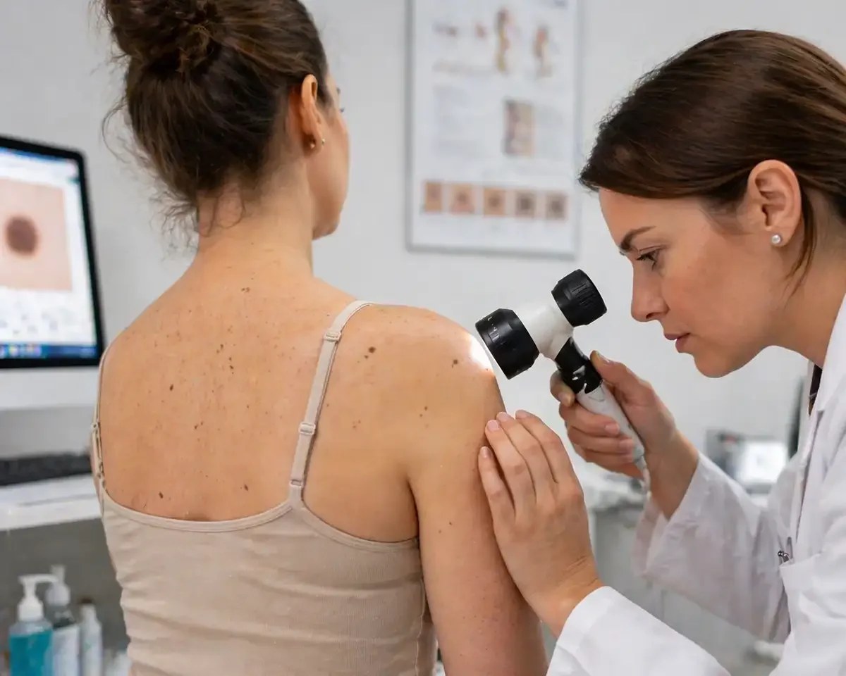 Dermatologue examinant la peau d'un patient lors d'une consultation à Mulhouse